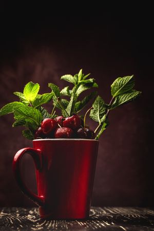 Cherry with branches in cup on table