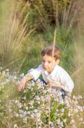 Happy cute kid picking flowers in a field
