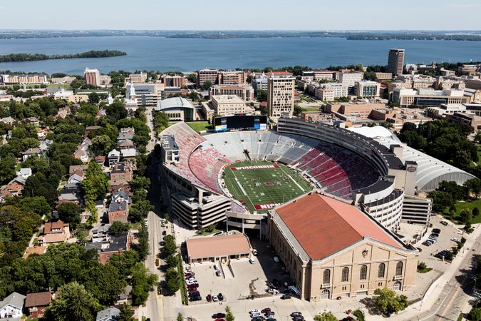Aerial view of football field at University of Wisconsin, Madison, Wisconsin