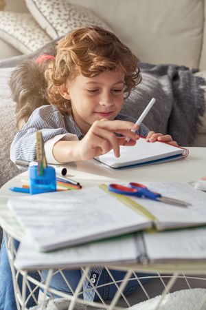 Boy writing in notepad at home