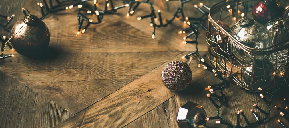 Christmas tree decorations, on wooden counter, copy space, wide composition