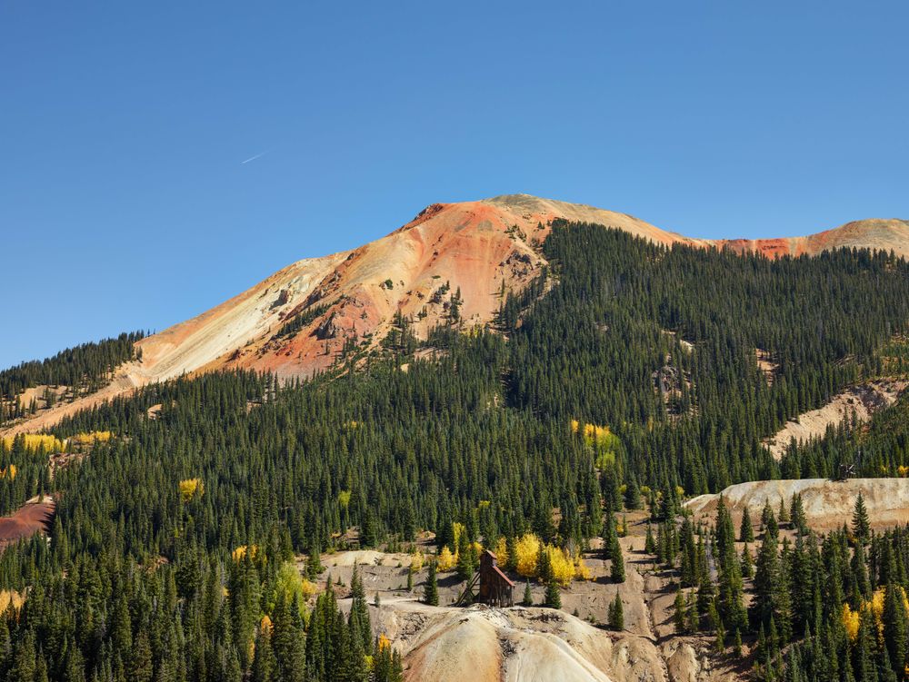 Colorful rocky mountaintop with pine trees and fall colors in Colorado