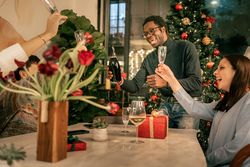 Group of diverse friends laughing and celebrating with a champagne toast at a Christmas home party.