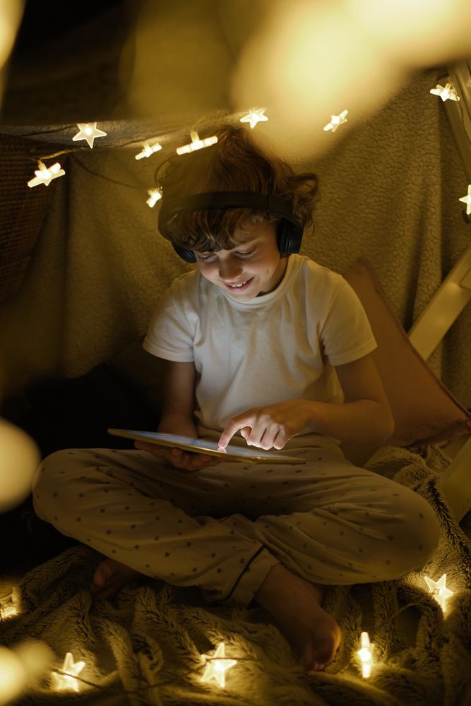 Smiling boy in headphones scrolling tablet in tent