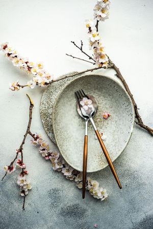 Table setting with delicate apricot blossom around elegant grey tableware