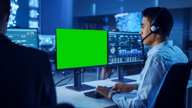 Focused Male Professional in a Control Room Monitors Data on Dual Screens, Optimizing Cybersecurity and Operational Strategies. the High-tech Environment Enhances Precision and Innovation.