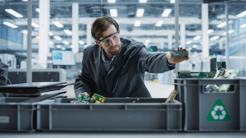 Male Worker Disassembling Old Laptops To Recycle Electronic Components For Sustainable Microchip Production At Electronics Factory.
