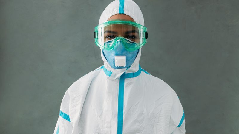 Black female medical professional in hazmat suit with mask and goggles