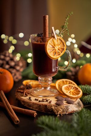 Glass of mulled wine with orange