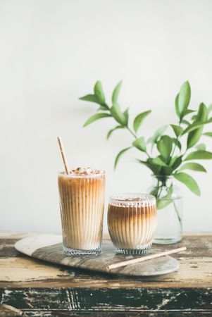 Two glasses of iced coffee with light background with leaves