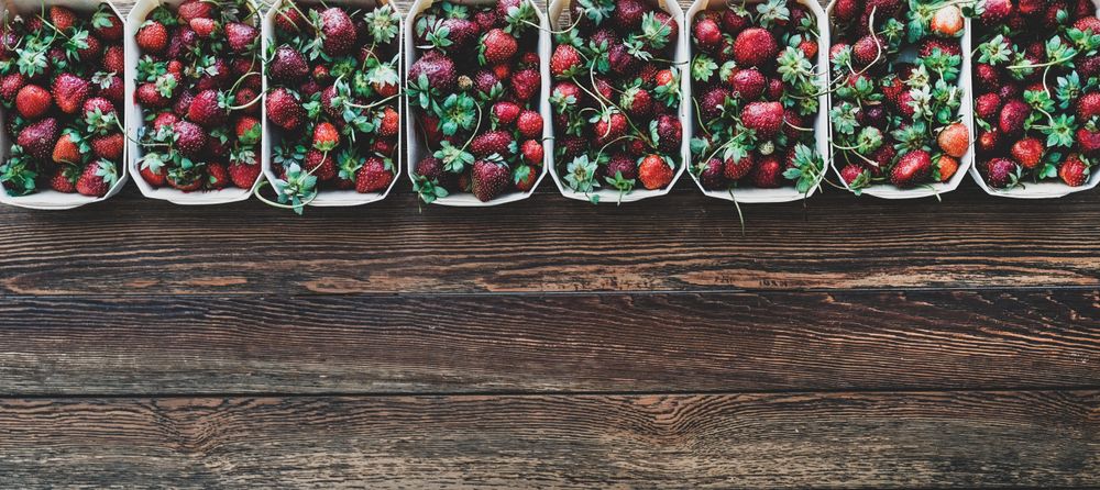 Strawberries in eco-friendly plastic-free boxes, lined up on wood background, copy space