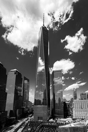 Grayscale photo of The Freedom Tower skyscraper in New York City