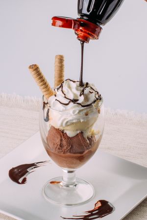 Vanilla and chocolate ice cream served in a glass and topped with chocolate syrup and waffles
