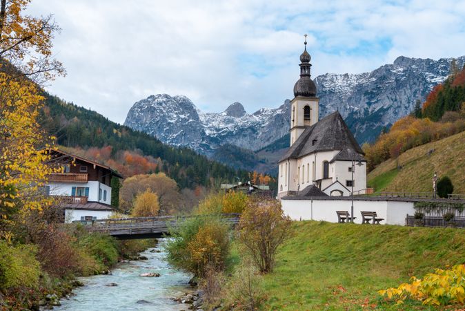 Bavarian autumn scenery with church St. Sebastian surrounded by nature