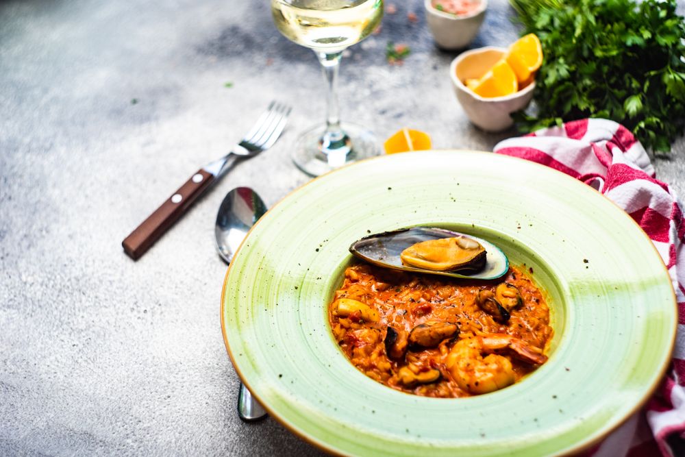 Risotto with sea food with copy space