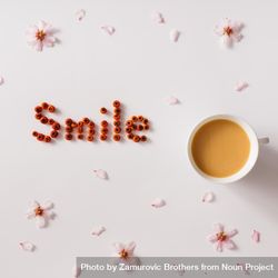 "Smile" text made of red berries with cup of coffee or tea and flowers bxwea4