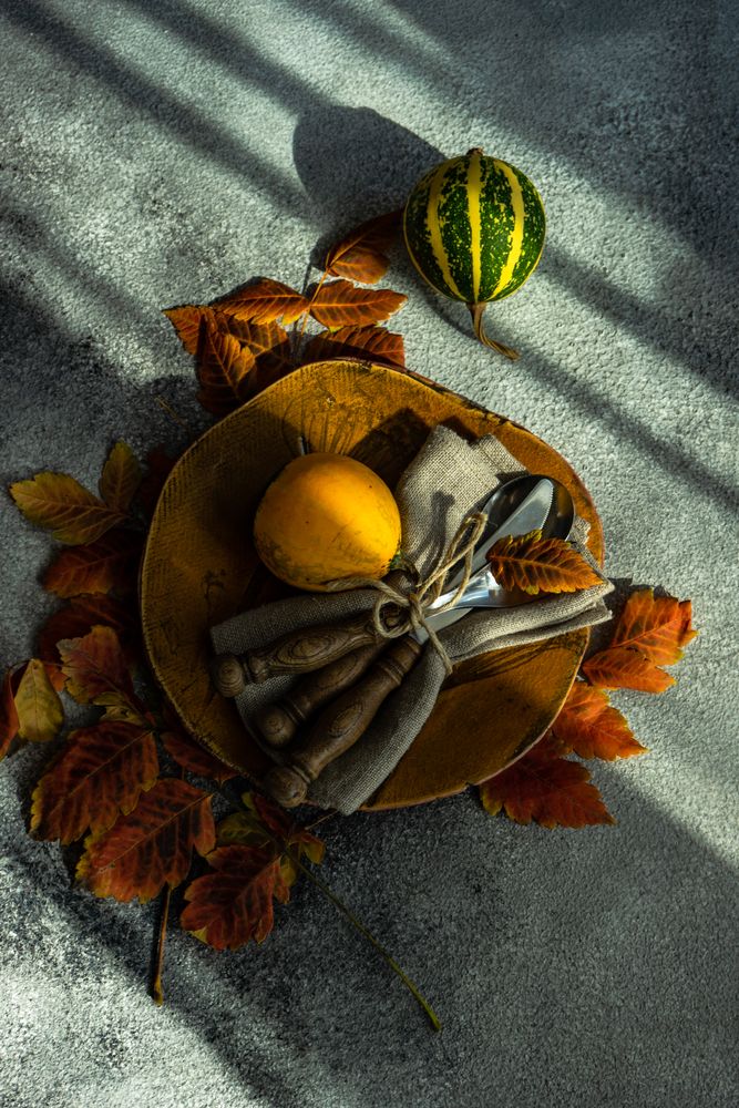 Fall table setting with orange leaves and squash on stone background with shadow