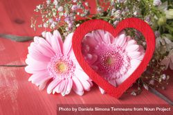 Pink flowers and red heart on red wooden table for Valentine’s Day 4N3Web