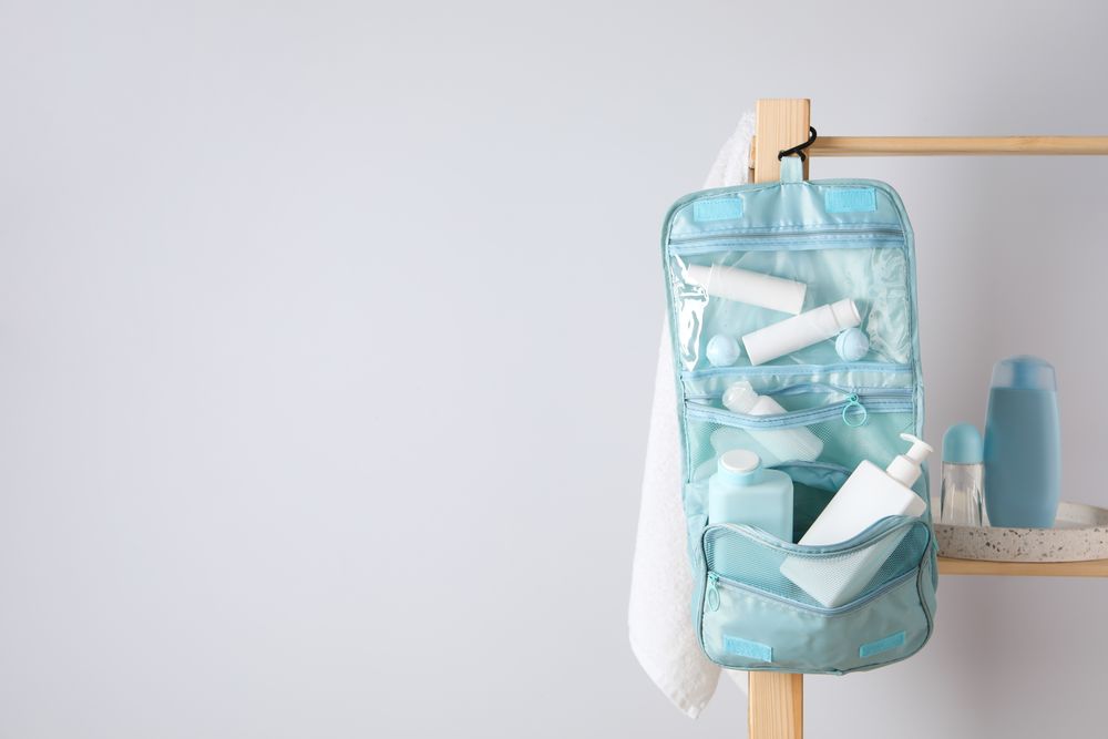 Bath accessories, toilet bag, space for text