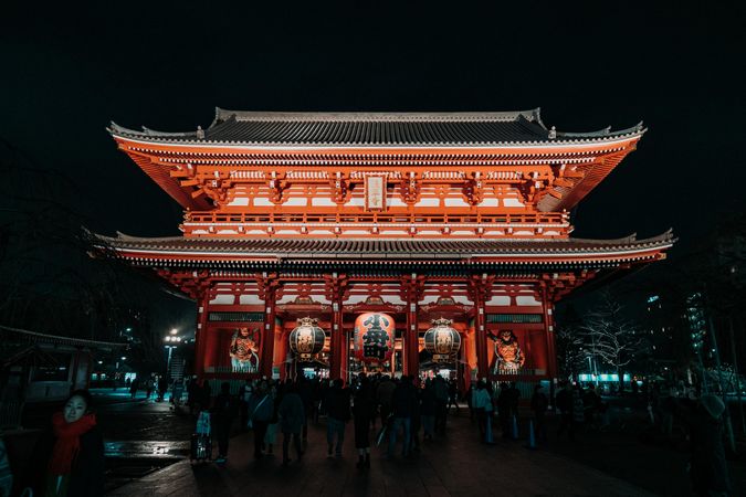 Exterior view of Senso-ji temple at night