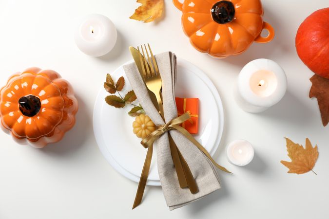 Concept of Thanksgiving day, Autumn table setting, top view