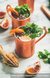 Close up of delicious summer or spring citrus Moscow mules in copper mugs 5aZPa4