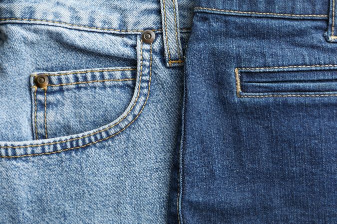Closeup view of jeans pocket as background, space for text