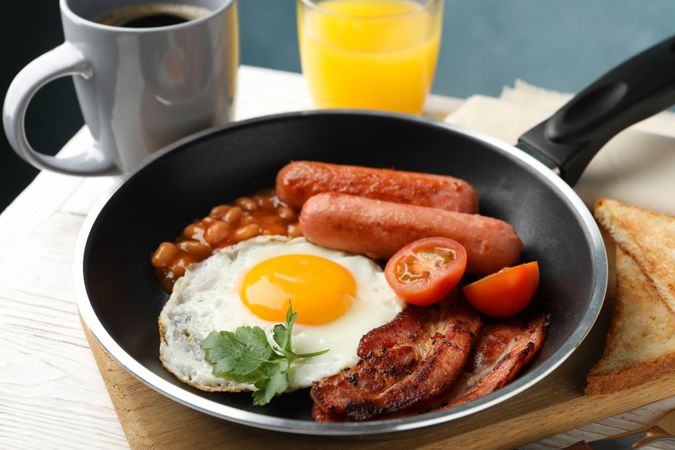 Close up of pan of breakfast fry up