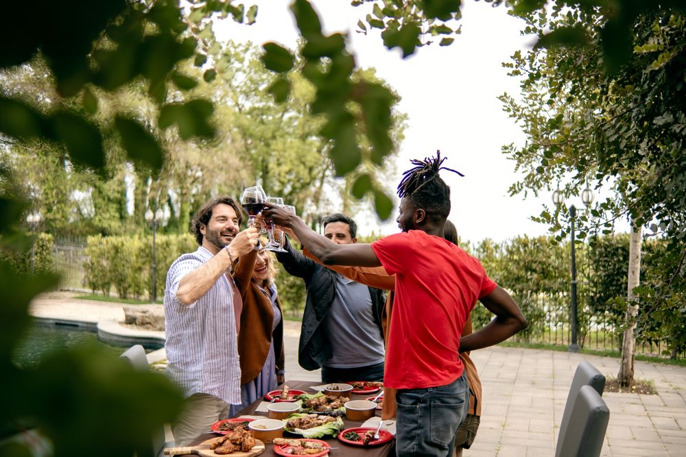 A diverse group of friends cheerfully toasting with drinks at an outdoor party