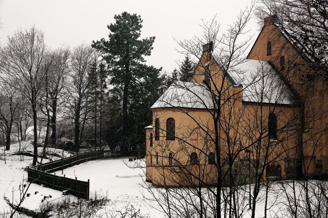 Church building on winter day
