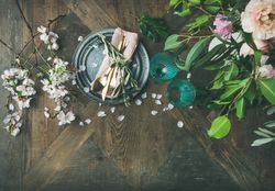 Top view of holiday place setting for one on wood table