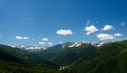 Snow-capped mountains under blue sky with forested hills in foreground.