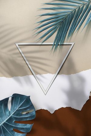 Tropical palm leaves and shadow on brown, beige and light torn paper background, with triangle frame