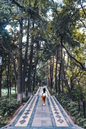 Woman walking on a patterned concrete pathway in the woods