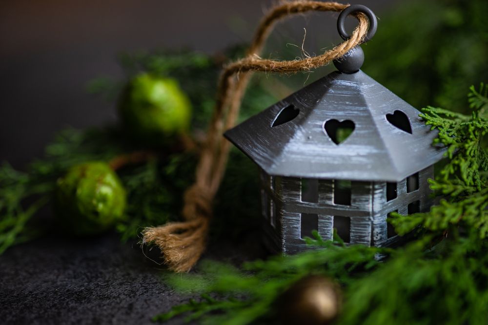 Close up of Christmas ornament surrounded by branch