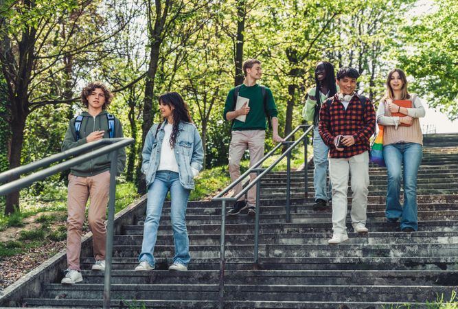Multi-ethnic students walking down tree lined outdoor stairs