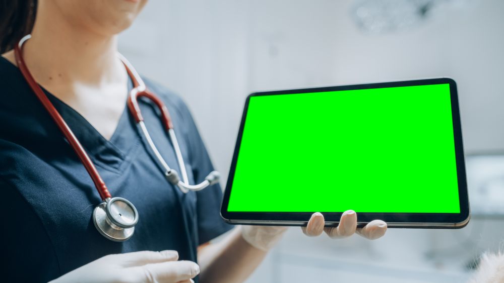 Pet Standing on Examination Table as a Female Veterinarian Using Tablet Computer with Green Screen Mock Up Display.