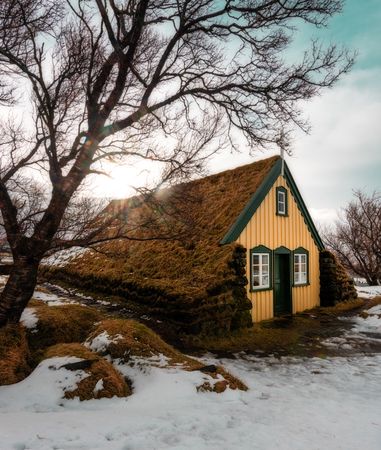 Landscape of turf church Hofskirkja in iceland