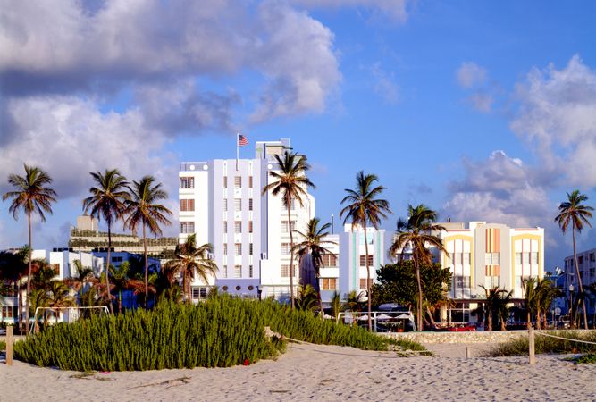 Miami Beach Art Deco buildings with palm trees