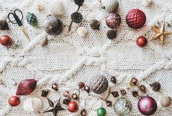 Flat-lay of holiday decorations, top view, copy space