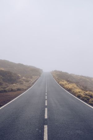 Empty road through woodland in overcast day