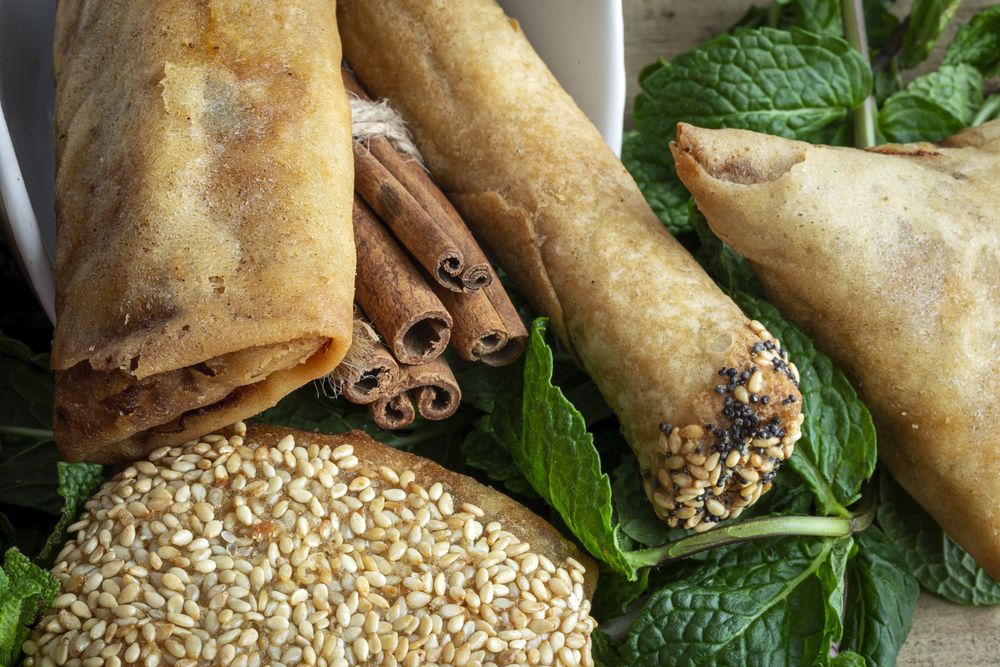 Typical Moroccan food on wooden table