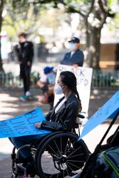 Los Angeles, CA, USA — June 16th, 2020: woman holding sign at protest rally