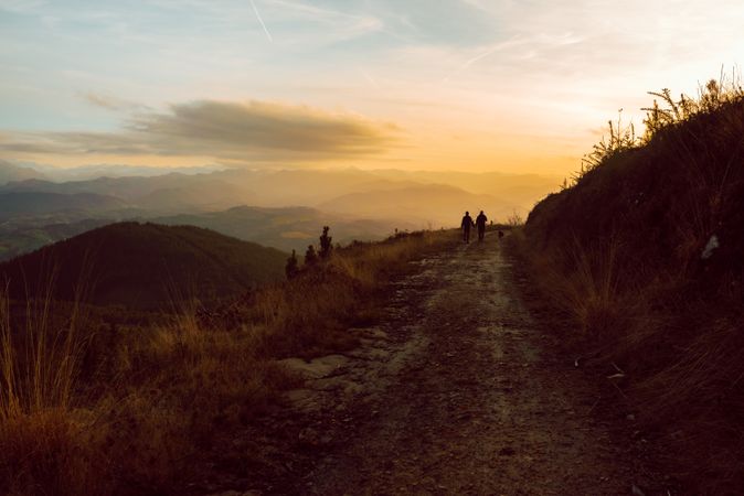 Men hugging near dog on road on hill