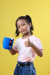Asian Girl Kids Drink Water from Blue Cute Cup