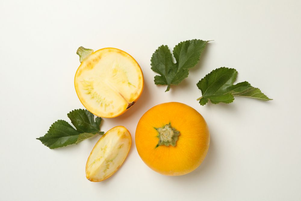 Round zucchini and leaves on neutral background