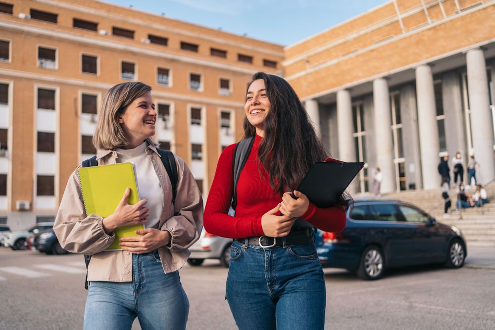 two students leaving class