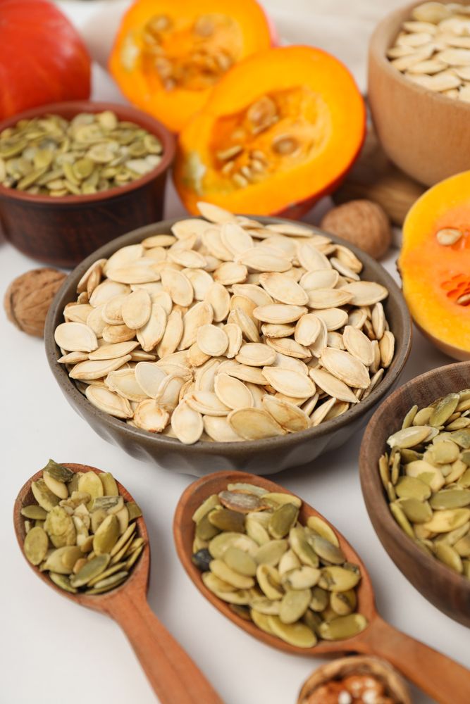 Concept of Autumn vibe food, Pumpkin, Pumpkin seeds