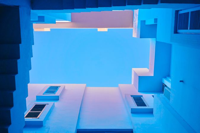 Blue building with straight interesting stairs