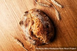 Top view of round loaf of bread with wheat chaff 5r89Mb